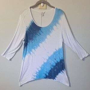 Blue and White Shark-bite hemTie-Dye Women's Top With Subtle Bling.